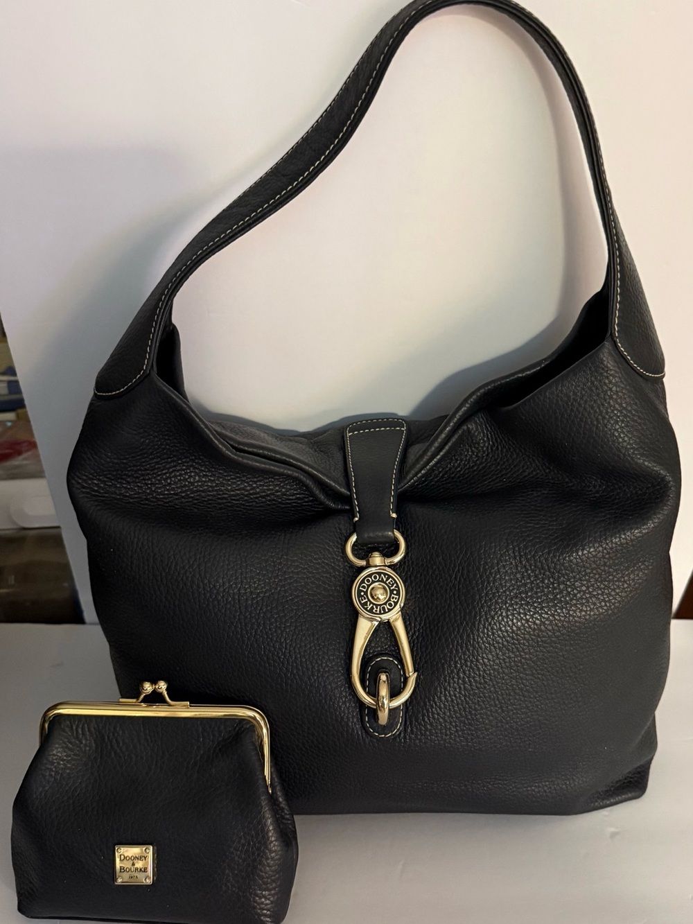 Dooney & Bourke Black Pebbled Leather Shoulder Bag with Coin Purse